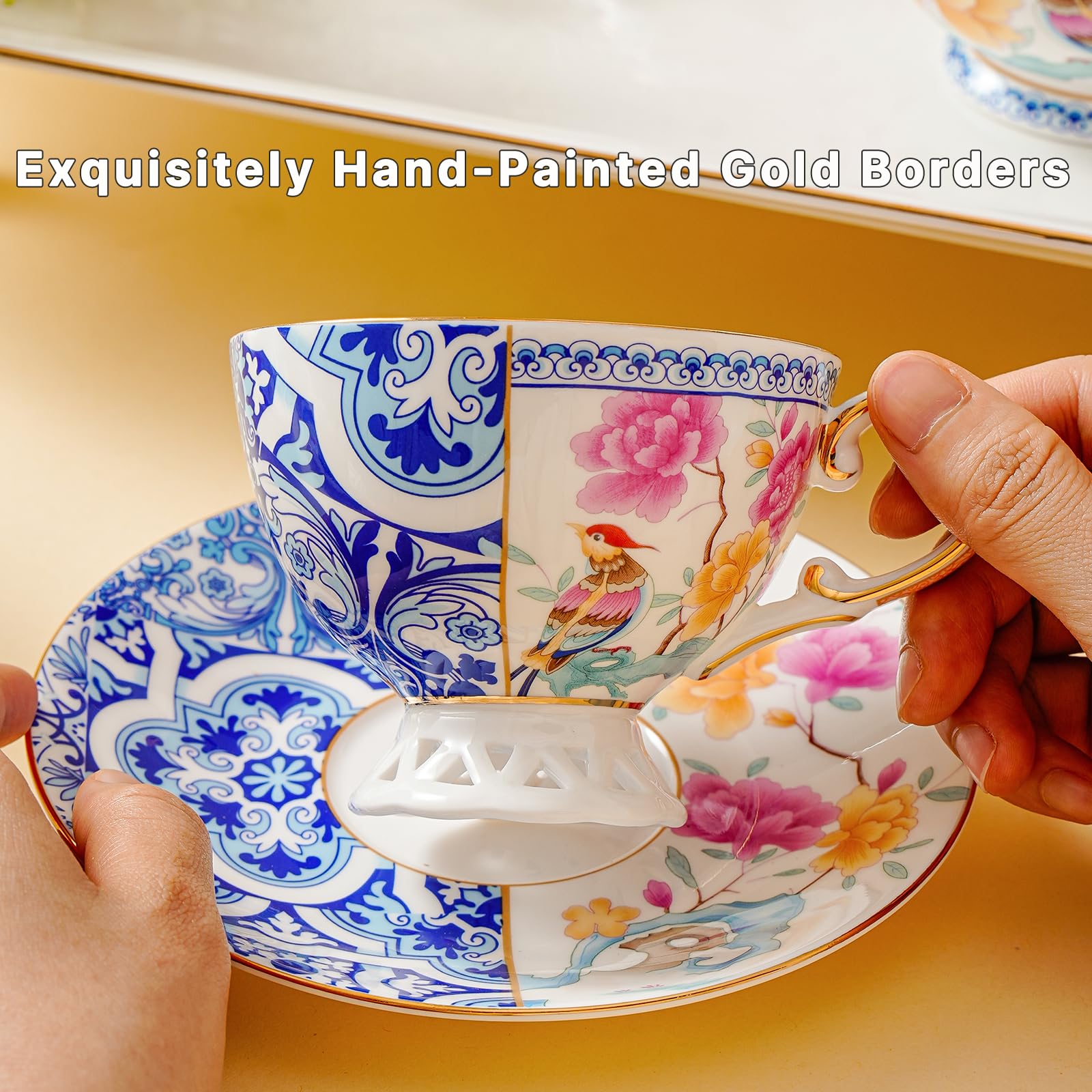 PANAOAHU Bone China Cup & Saucer Set, Ceramic Coffee Cup with Gold